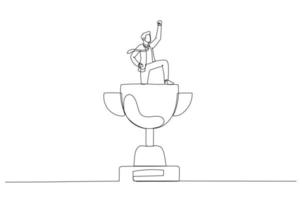 Drawing of businessman winner raising flag on winning trophy get victory. Continuous line art style vector