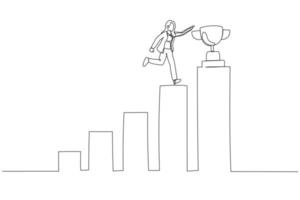 Illustration of winning businesswoman step up growing bar graph to win the trophy success concept. One line art style vector