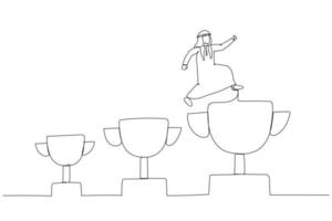Illustration of arab businessman jumping from small win trophy to get bigger one goal. One line art style vector