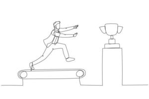 Drawing of businessman running on the treadmill try to get trophy concept of rat race. Continuous line art vector