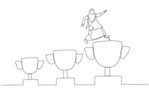 Cartoon of muslim businesswoman jumping from small win trophy to get bigger one goal. Single continuous line art style vector
