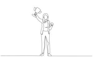 Illustration of businesswoman gesturing fists up holding gold cup winning and success. Single continuous line art style vector