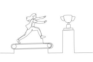 Illustration of businesswoman running on the treadmill try to get trophy concept of rat race. Single continuous line art style vector