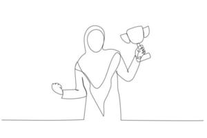 Cartoon of muslim businesswoman holding a trophy success get promotion. Single continuous line art vector