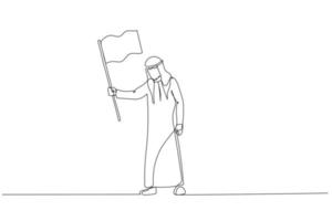 Drawing of sad arab businessman waving white flag metaphor of surrender and give up. Continuous line art vector