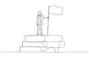 Cartoon of businesswoman with flag standing on book stack concept of success from knowledge. One line art style vector