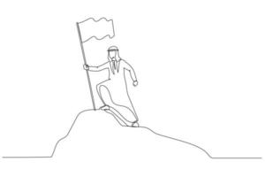 caricatura de un hombre de negocios árabe parado en la cima de la montaña sosteniendo una bandera como conquistador. un estilo de arte de línea continua vector