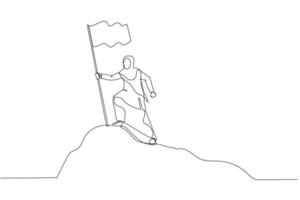 Cartoon of muslim woman enterpreneur standing on the top of mountain peak holding flag like conqueror. One continuous line art style vector