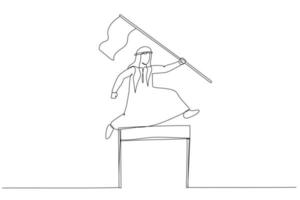 Drawing of arab man competing in race holding a leader flag jumping over obstacle concept of determination. Continuous line art style vector