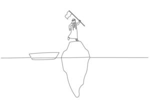 Cartoon of arab man holding flag at peak of iceberg concept of illusion. One line art style vector