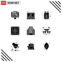 User Interface Pack of 9 Basic Solid Glyphs of apartment product card lock reporter Editable Vector Design Elements