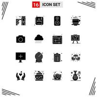 Solid Glyph Pack of 16 Universal Symbols of basic camera speaker hot coffee Editable Vector Design Elements