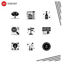 Pack of 9 Modern Solid Glyphs Signs and Symbols for Web Print Media such as sign direction beverage marketing search engine Editable Vector Design Elements