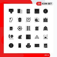 Pack of 25 Modern Solid Glyphs Signs and Symbols for Web Print Media such as idea euro email coin photo Editable Vector Design Elements