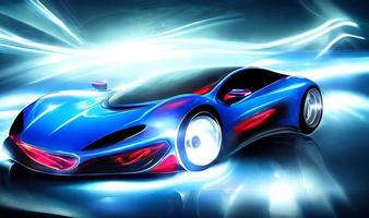 High speed sports car in the city. Neon night city background. photo