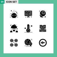 Set of 9 Modern UI Icons Symbols Signs for weather temperature coffee medical network Editable Vector Design Elements