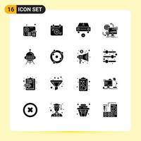 Group of 16 Solid Glyphs Signs and Symbols for security monitoring car control vehicles Editable Vector Design Elements