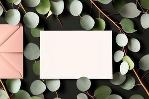 Mockup for a letter or wedding invitation with branches and leaves. Natural light and shade coverage. photo