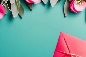 Mockup for a letter or wedding invitation with branches and leaves. Natural light and shade coverage. photo