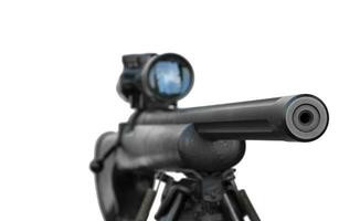 Rifle with a scope and bipod on white background with clipping path. Focus Rifle barrel photo