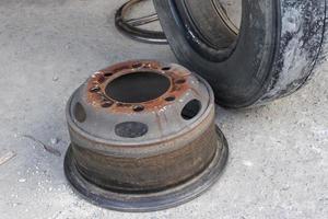 Close up truck wheels with tires removed photo