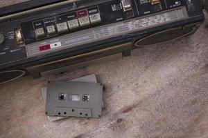 Top view retro radio on wooden floor photo