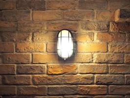 Brick wall old dirty texture background and hanging lamp and yellow light and flare in to camera. photo