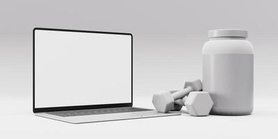 Mock up of a laptop next to dumbbells and a plastic pot. 3d render photo