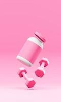 Dumbbells and a pot of pills floating in space on a pink background 3d render photo