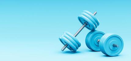 3D render. Dumbbells placed in a weight rack on an blue background photo