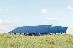 Solar panels in grassy field. 3D render photo