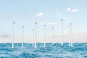 several wind turbines in the sea. 3D render photo