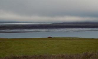 Hut on green meadow landscape photo