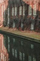 Old building covered with ivy near channel cityscape photo