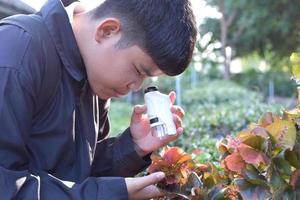Young Asian boy is holding a pocket microscope to look at tiny particles on plant leaves to study plants and organisms on different types of plants in botanical garden, soft and selective focus. photo