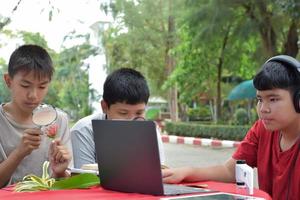 Young Asian boys doing homework, searching for information and do the reports on various species of tropical forests by using laptops, magnifiers, notebooks, pocket binoculars and tablets, soft focus. photo