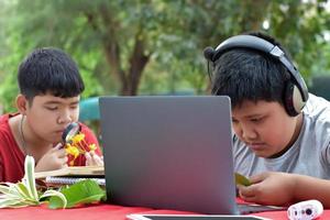 Young Asian boys doing homework, searching for information and do the reports on various species of tropical forests by using laptops, magnifiers, notebooks, pocket binoculars and tablets, soft focus. photo