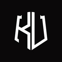 monograma del logotipo ku con plantilla de diseño de cinta en forma de escudo vector