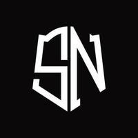 monograma del logotipo sn con plantilla de diseño de cinta en forma de escudo vector