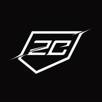 letra del monograma del logotipo zc con diseño de escudo y estilo de corte vector