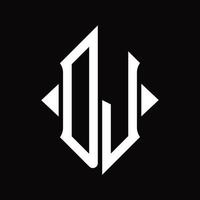 monograma del logotipo de dj con plantilla de diseño aislado en forma de escudo vector