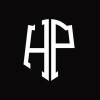 monograma del logotipo de hp con plantilla de diseño de cinta en forma de escudo vector