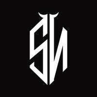 SN Logo monogram with horn shape isolated black and white design template vector