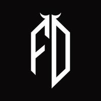 Monograma del logotipo fd con plantilla de diseño en blanco y negro aislada en forma de cuerno vector