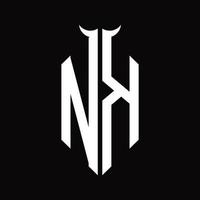 Monograma del logotipo nk con plantilla de diseño en blanco y negro aislada en forma de cuerno vector