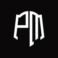 monograma del logotipo de pm con plantilla de diseño de cinta en forma de escudo vector