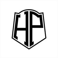 monograma del logotipo de hp con plantilla de diseño de esquema de forma de escudo vector