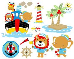 Vector illustration of sailing elements cartoon with cute animals in sailor costume