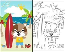 Vector cartoon of funny cat standing holding surfboard with little crab and hermit crab on beach background, coloring book or page