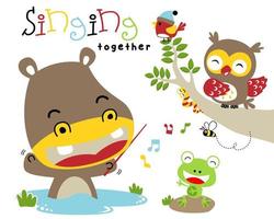 Funny cartoon of hippo singing with owl, bird, frog and bugs in forest vector